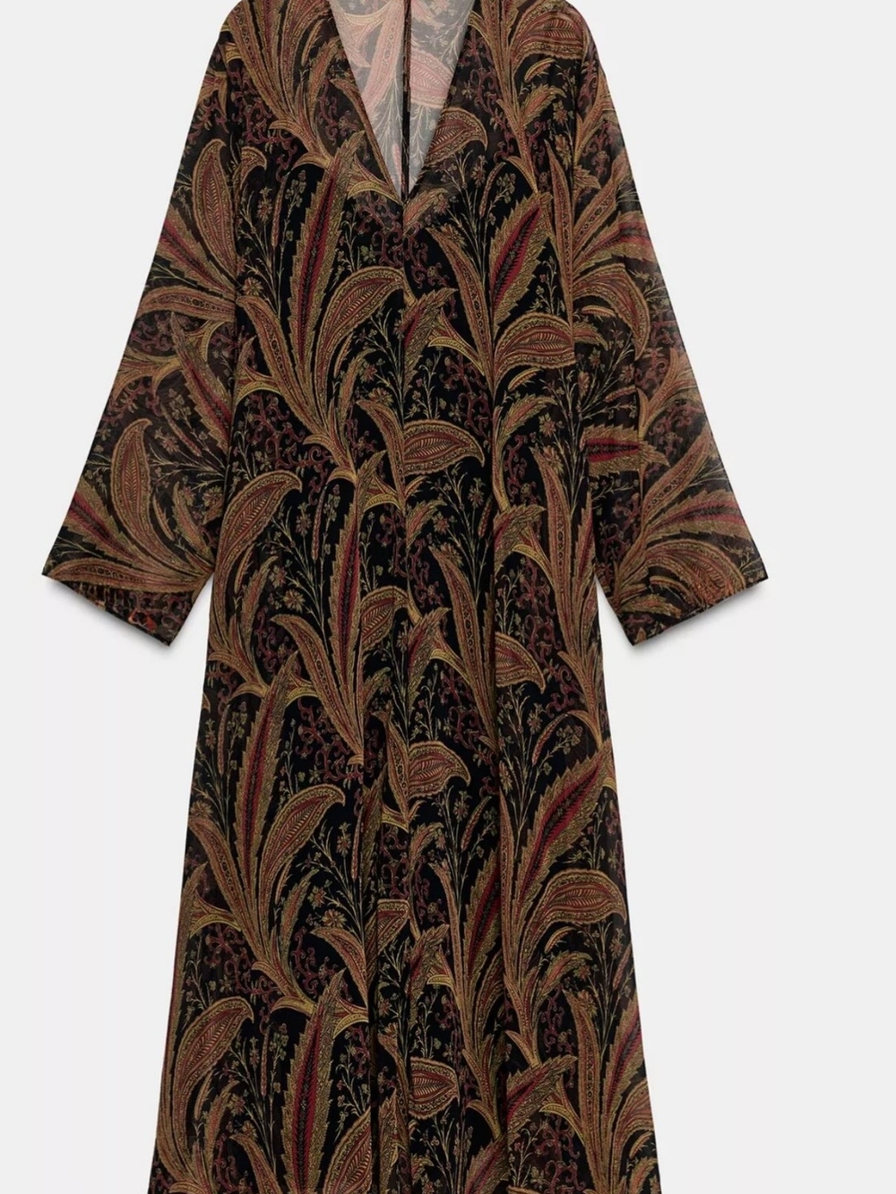 Black Paisley Long Coat with Brown and Rust Accents With Pockets